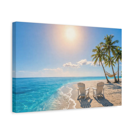 Beach Sunset Canvas Print — Adirondack Chairs & Hammock Seaside Wall Art