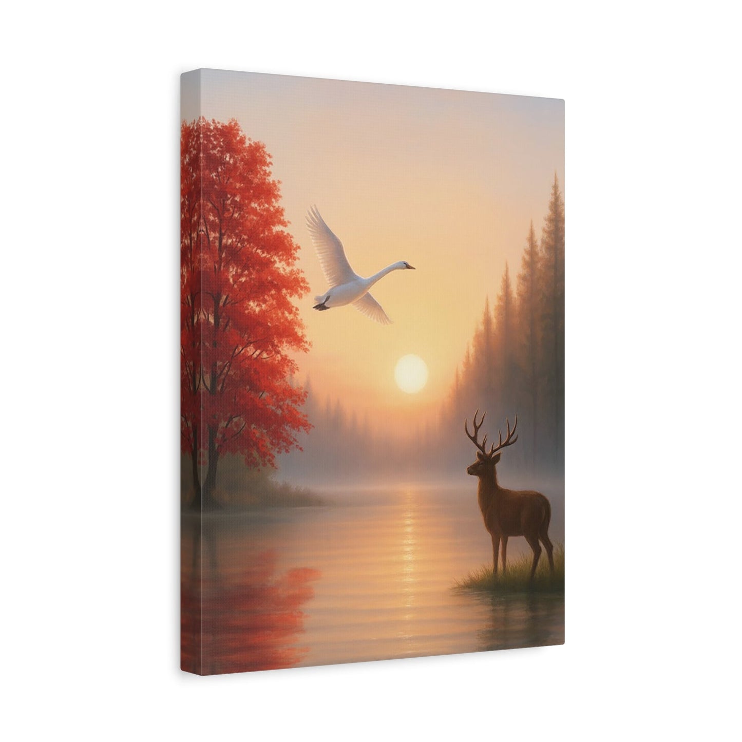 Wall art stretched canvas depicting dawn sunrise with deer silhouette and flying swan over a misty lake.
