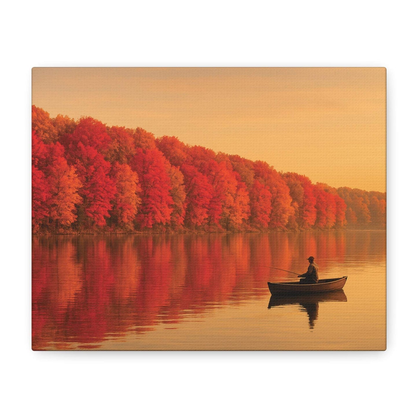 Wall art canvas of autumn foliage with person fishing on a calm clear lake at sunset