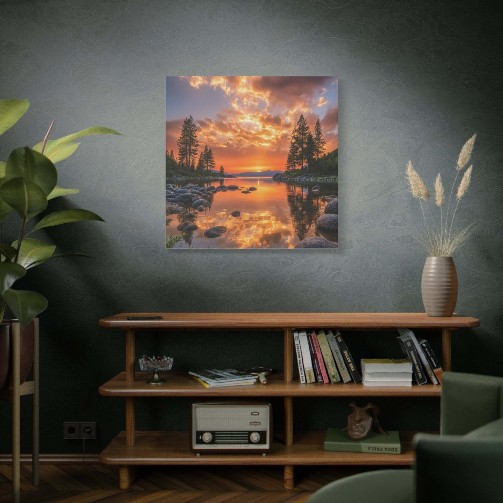 Canvas wall art of sunrise over evergreen forest path with reflective water and vibrant sky