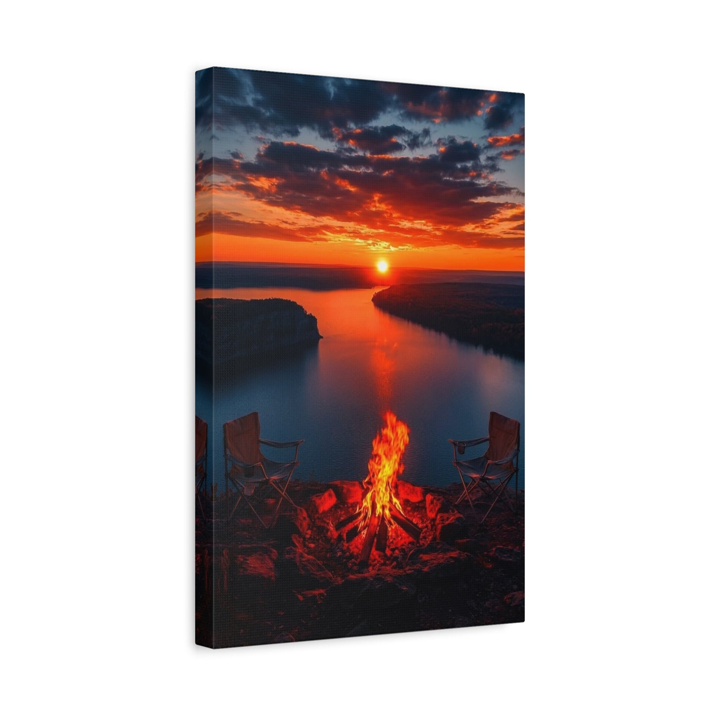 Red Sunset River Canvas — Relaxing by Fire Matte Stretched Wall Art