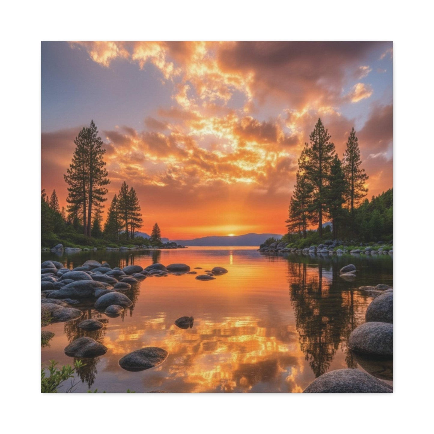 Canvas wall art of sunrise over a serene evergreen path with pine trees and reflective water