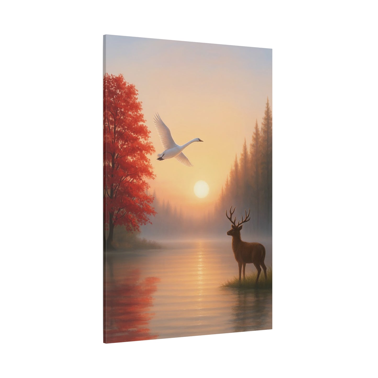 Framed artwork of a deer and swan by a lake with a sunset