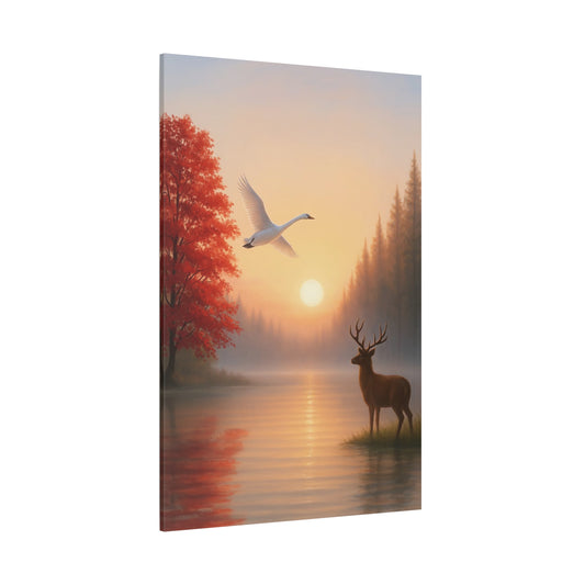 Framed artwork of a deer and swan by a lake with a sunset
