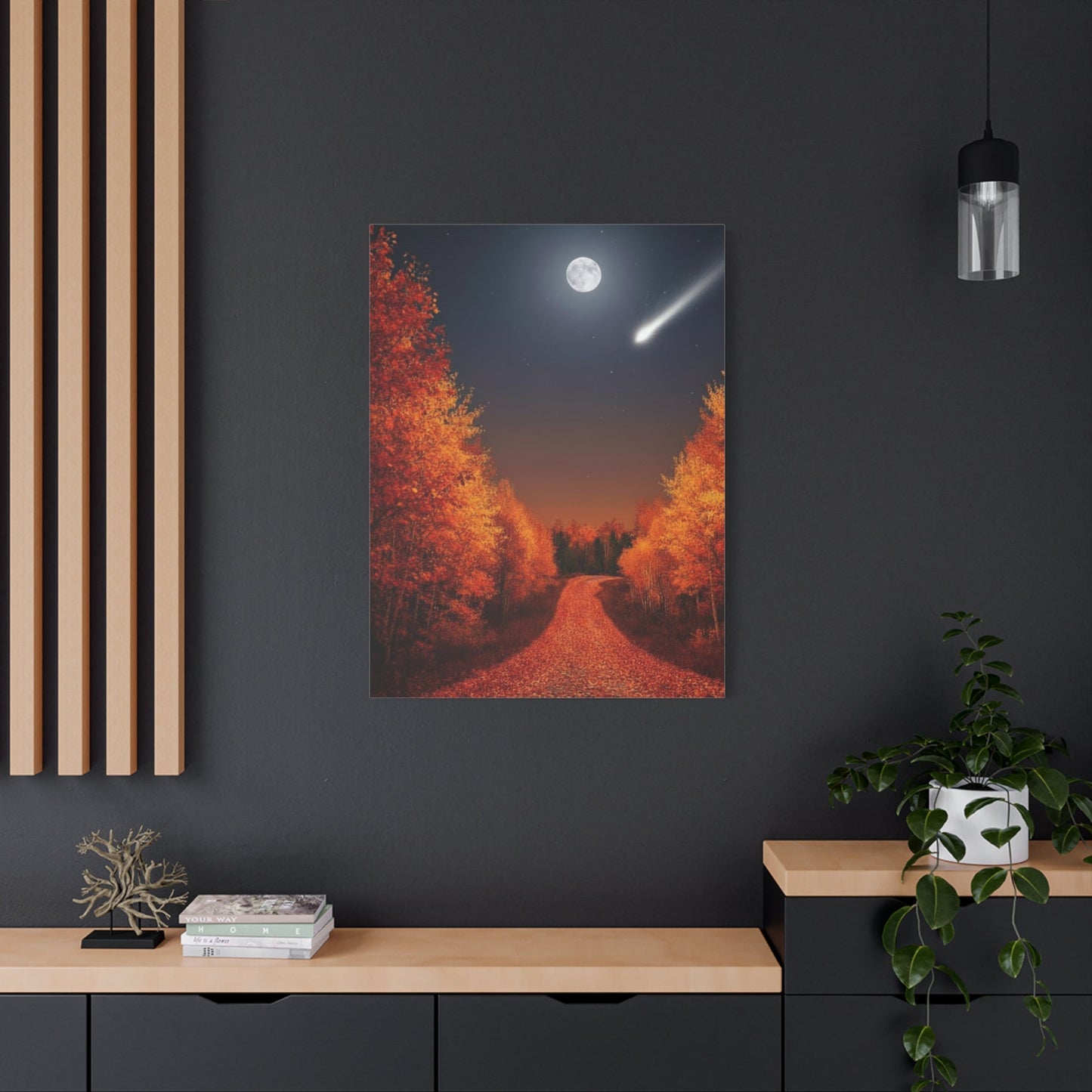 Canvas wall art featuring a tranquil autumn forest road under a full moon and shooting star, framed by vibrant fall foliage