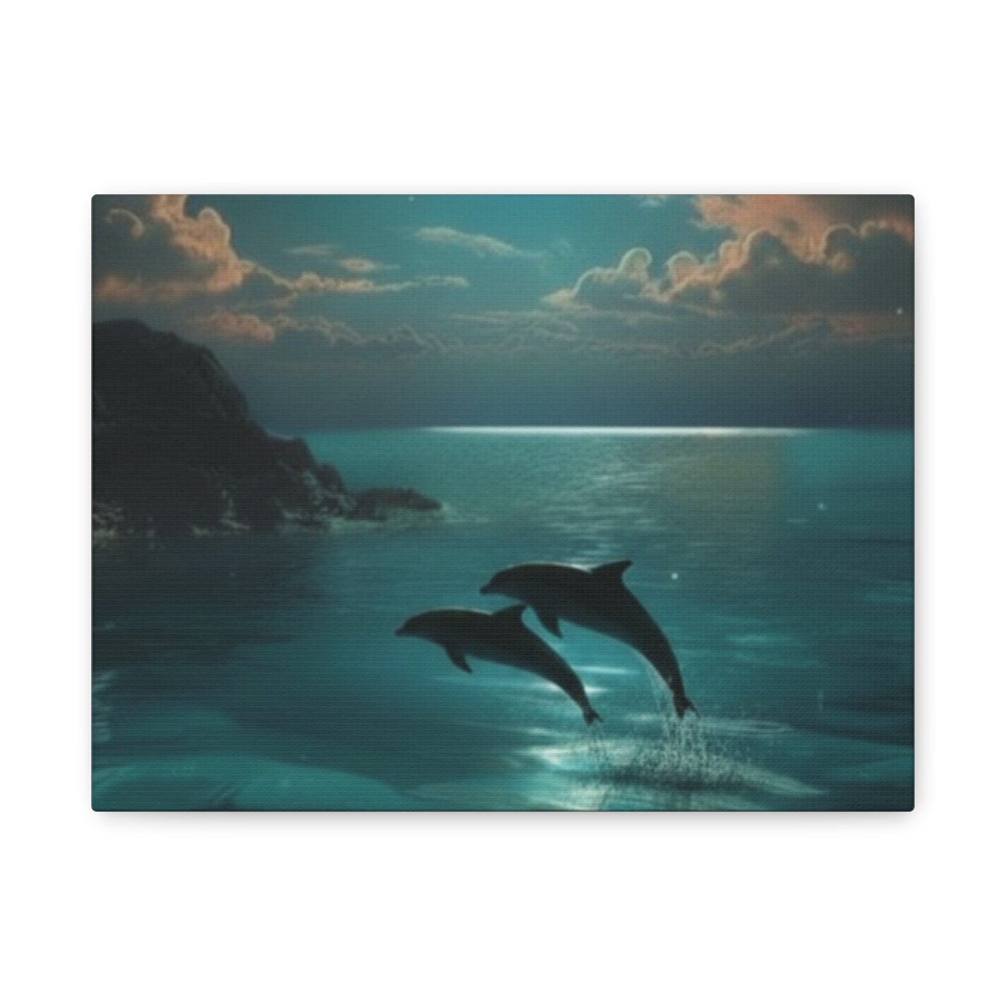 Dolphins in Turquoise Moonlit Ocean Canvas Wall Art