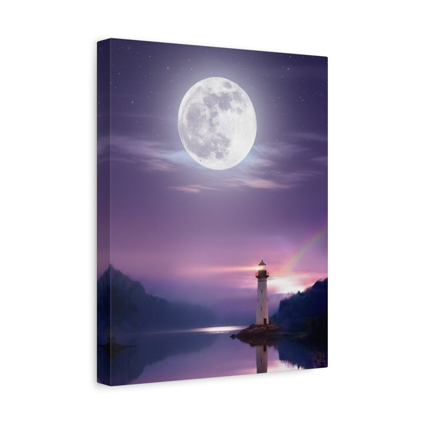 Canvas wall art of a lighthouse under a full moon reflecting on a calm lake in violet and indigo tones