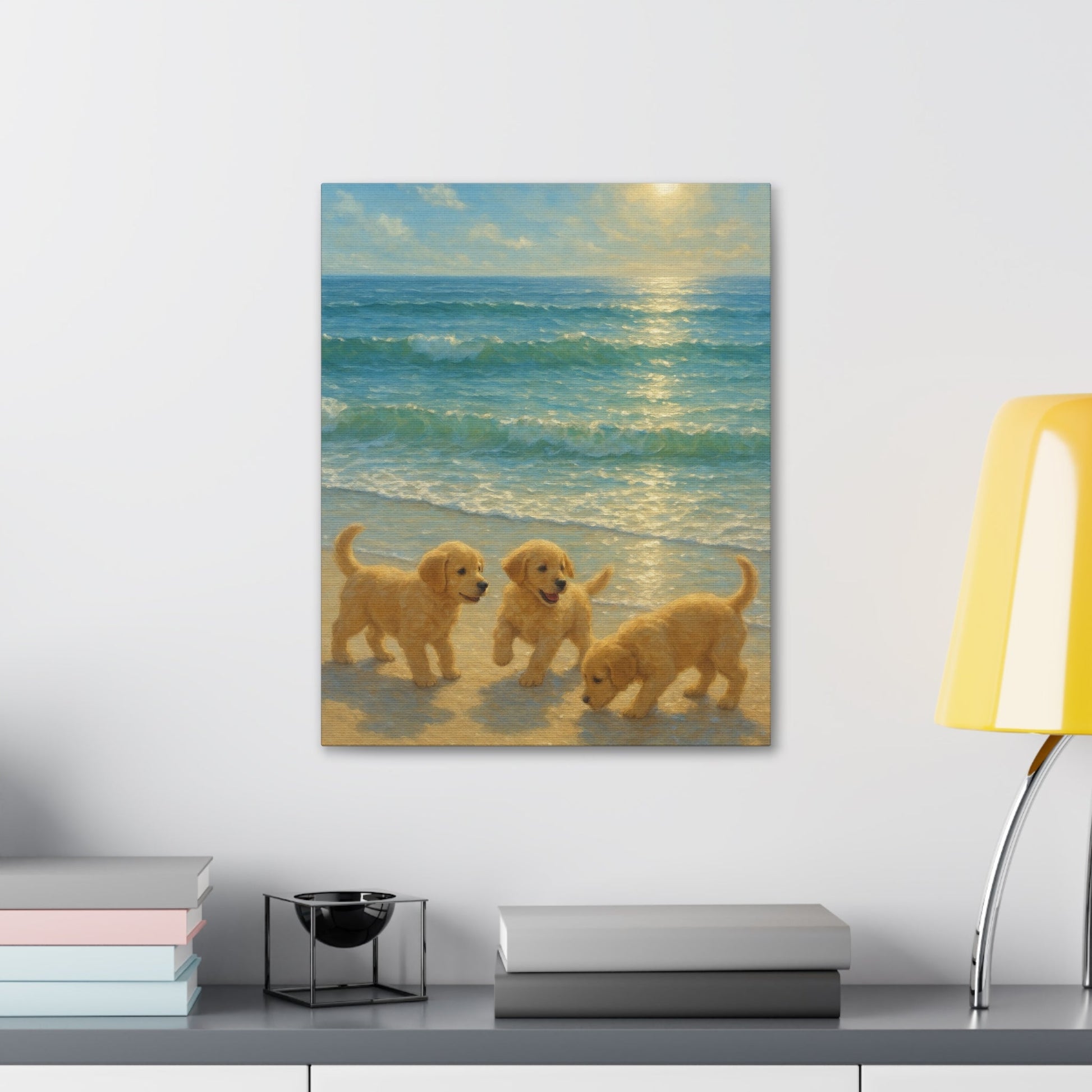 Abstract canvas wall art of three Golden Retriever puppies playing on a sunlit beach with turquoise waves and warm sunlight reflection.