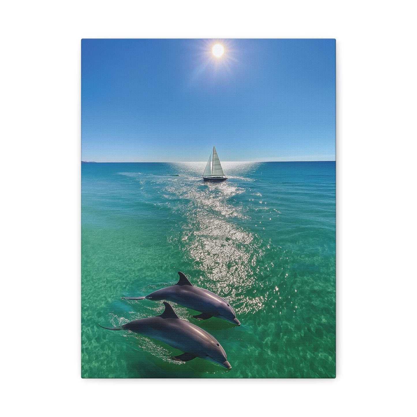 Wall art canvas print of ocean scene with sailboat and dolphins under sun