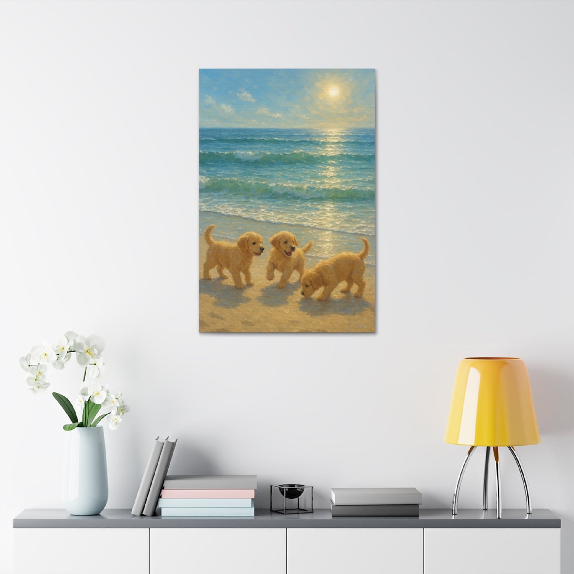 Abstract canvas wall art of three Golden Retriever puppies playing on a sunlit beach with turquoise waves and a glowing sun.