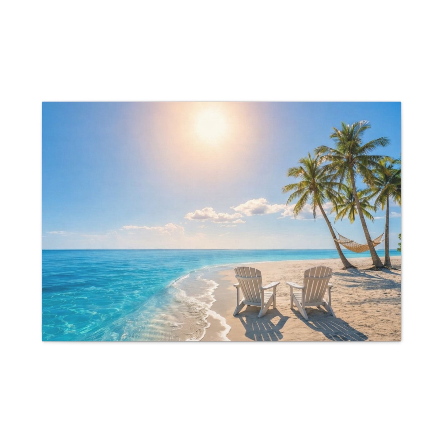 Beach Sunset Canvas Print — Adirondack Chairs & Hammock Seaside Wall Art