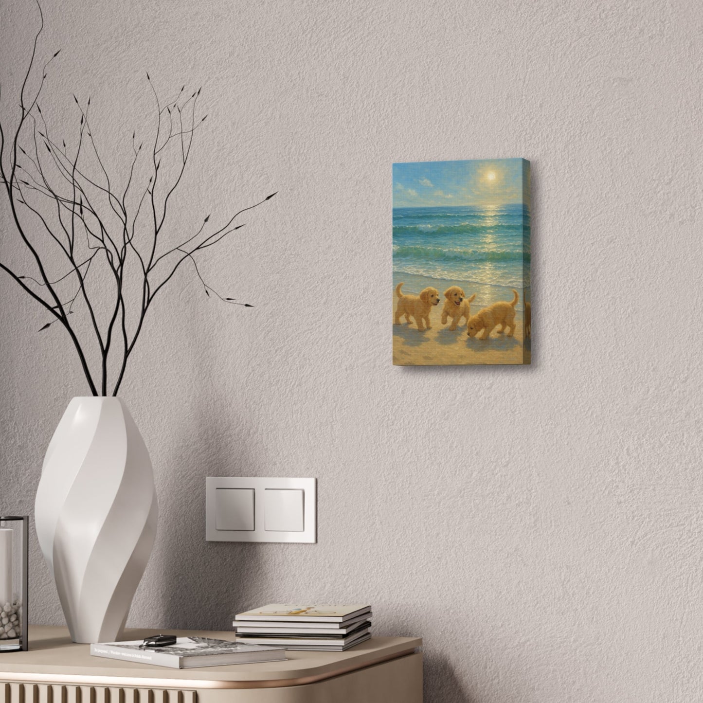 Abstract canvas wall art of three Golden Retriever puppies playing on a sunlit beach with turquoise waves and warm sunlight reflection