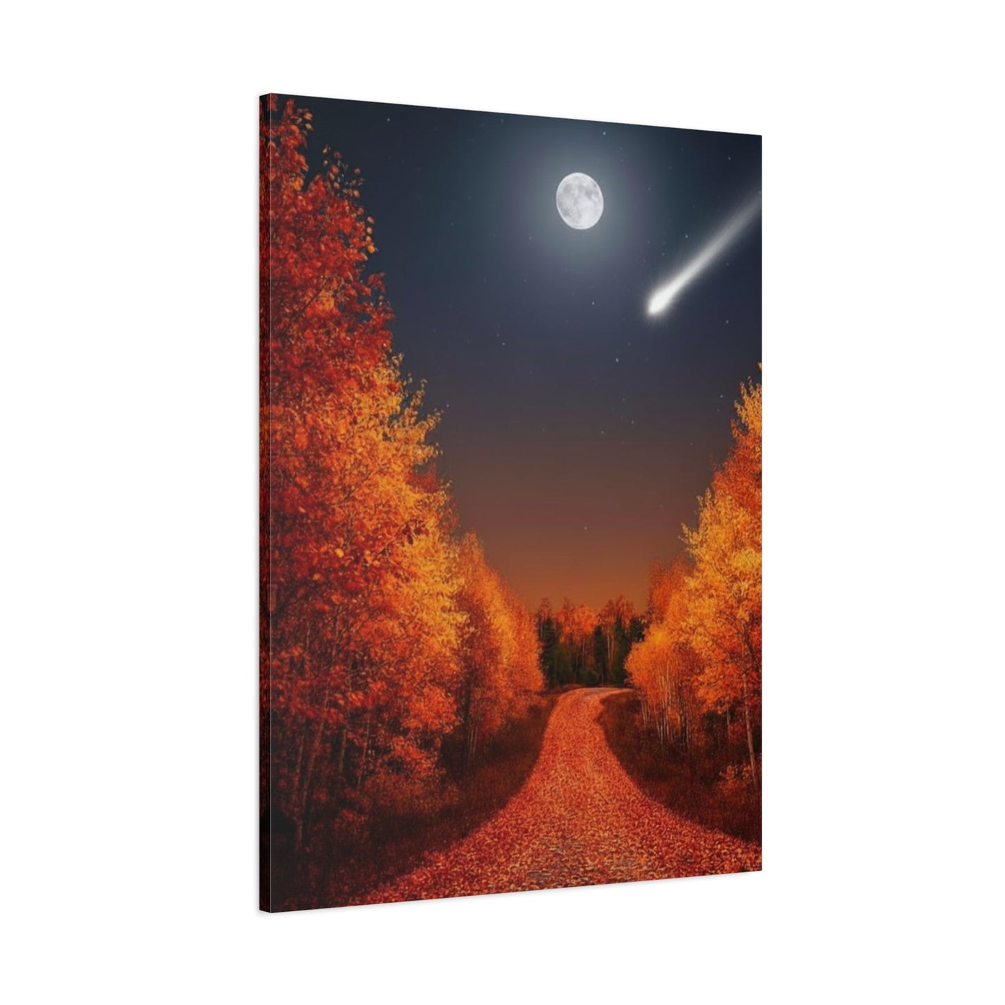 Canvas wall art depicting an autumn forest road under a moonlit sky with a shooting star.