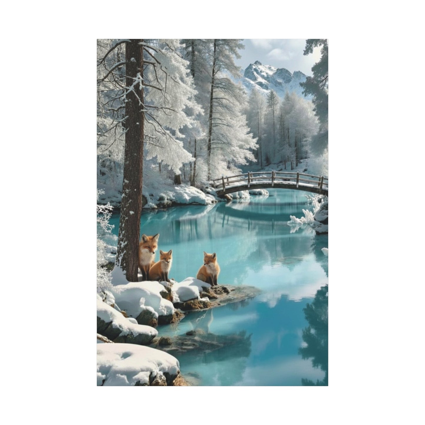 Canvas wall art of winter landscape with snowy trees, serene blue water, wooden bridge, and three foxes on snowy rocks