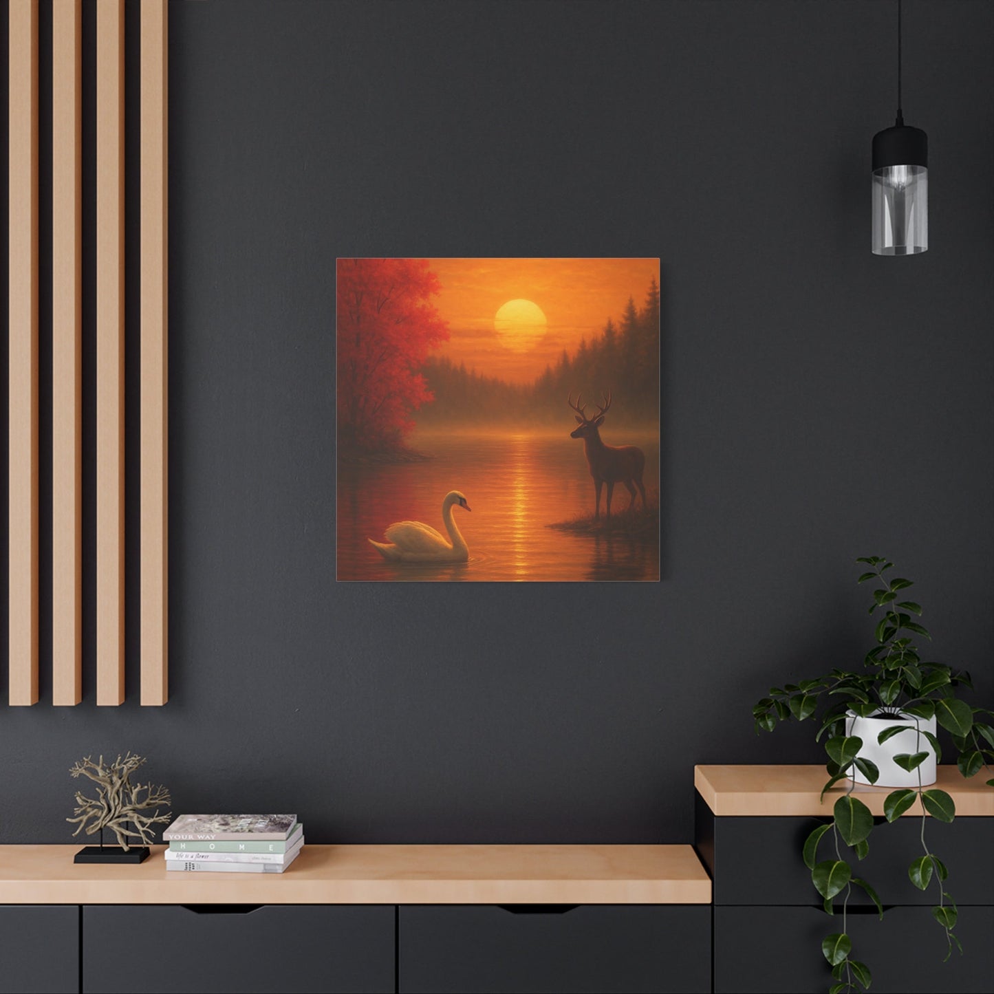 Dusk on the Autumn Lake Sunset canvas wall art featuring swan, deer, and fiery orange sunset over lake.