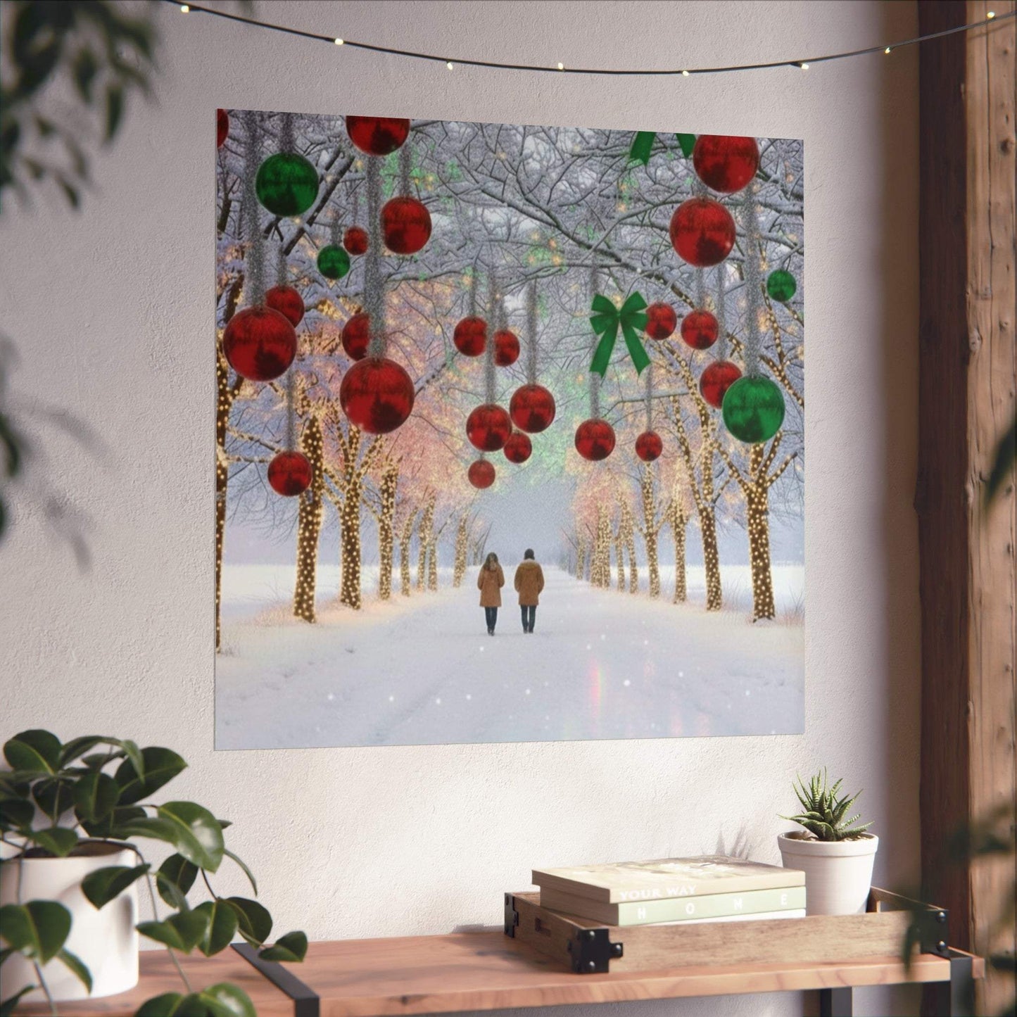 Couple walking under winter Christmas lights and decorated trees poster wall art