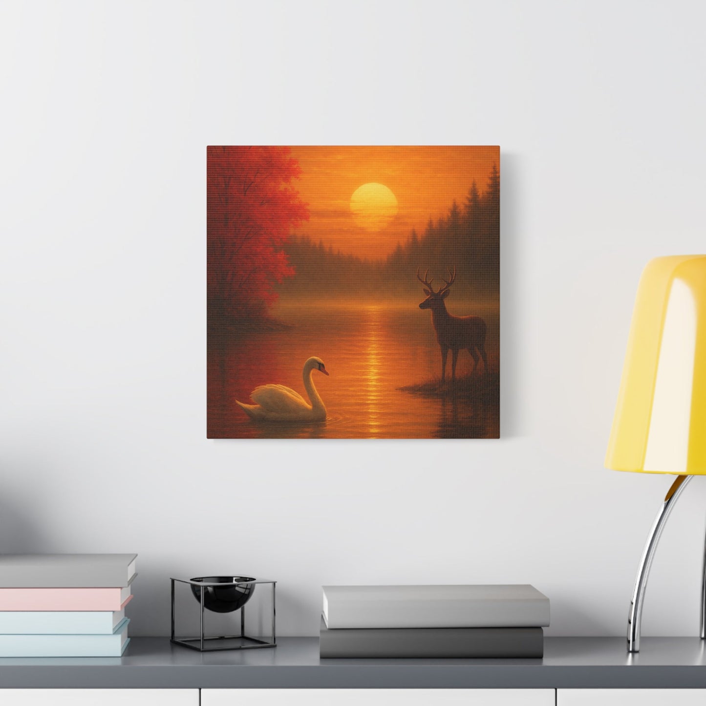 Dusk on the Autumn Lake Sunset canvas art featuring swan on lake with deer and fiery orange sunset