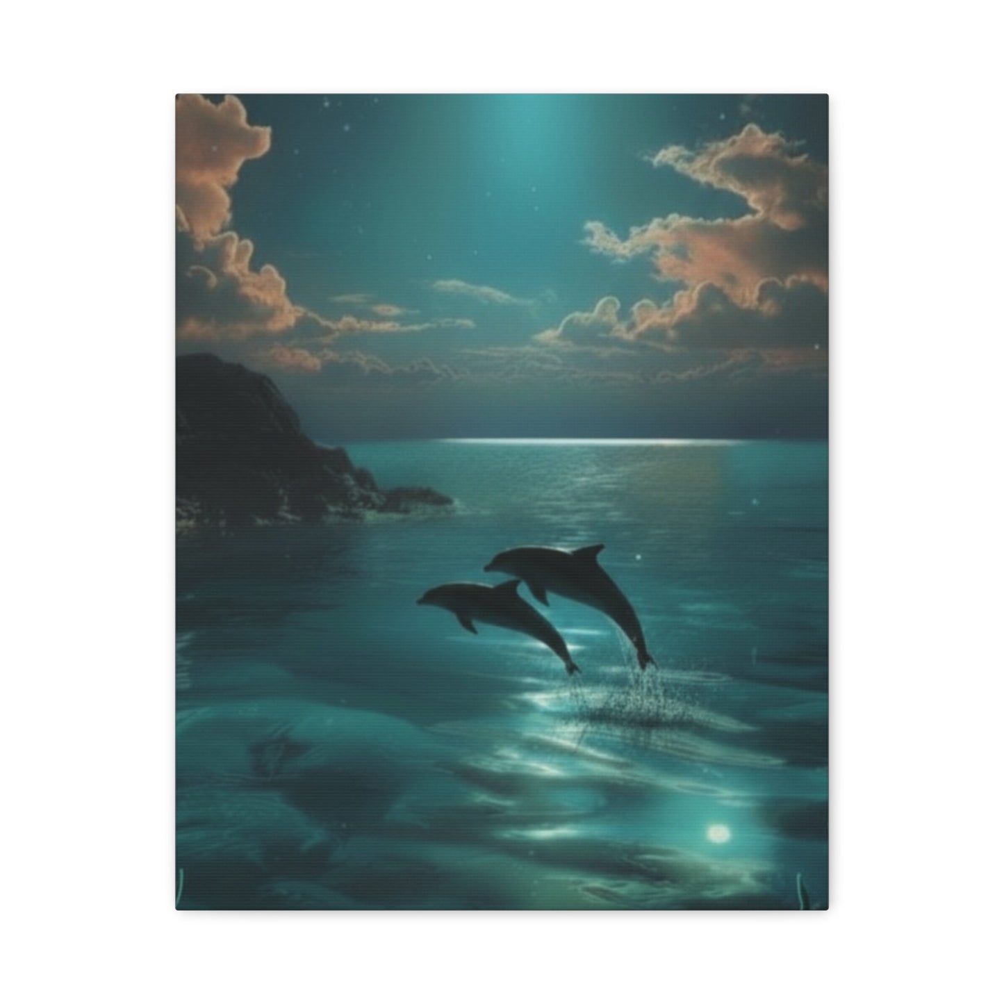 Dolphins in Turquoise Moonlit Ocean Canvas Wall Art