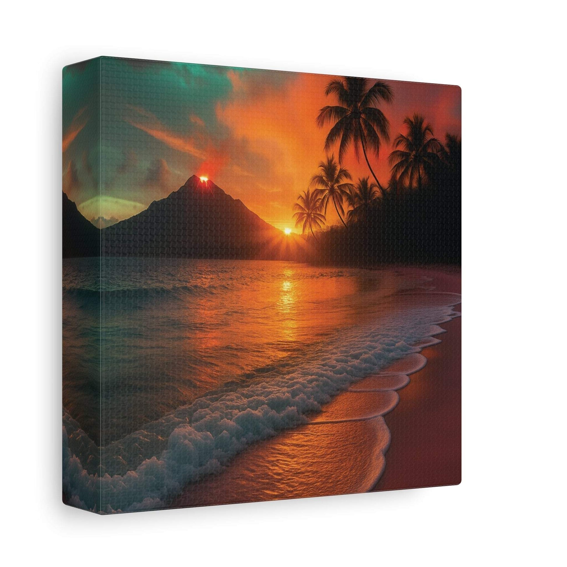 Canvas wall art of red lava flowing with sunrise reflecting over ocean beach and palm trees at dawn