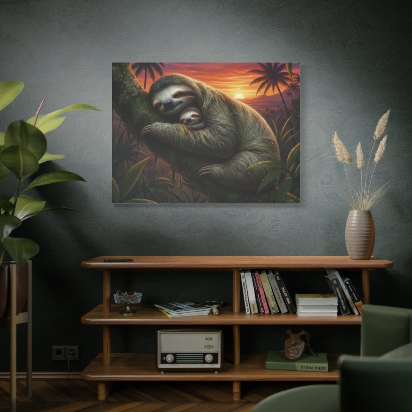 Sloth Mom & Baby Sunrise Canvas Wall Art — Stretched Matte Print
