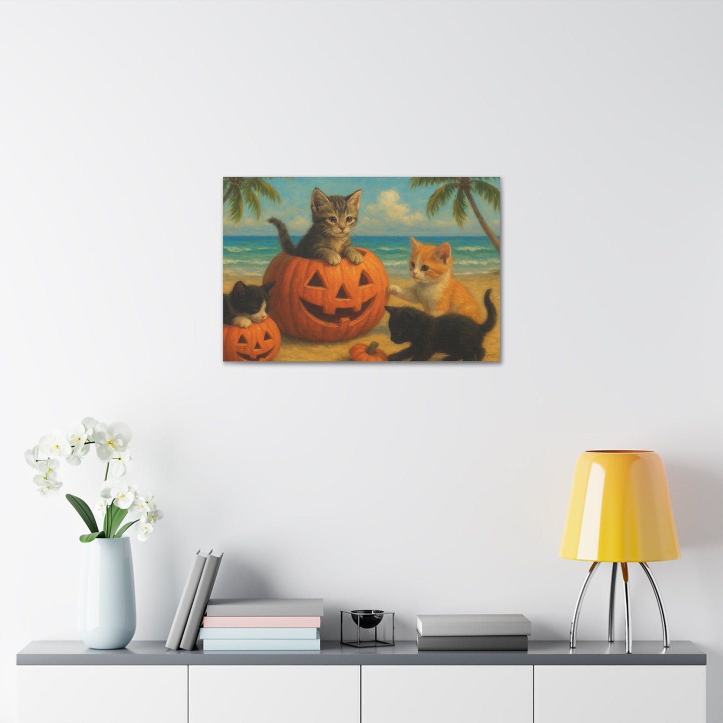 Canvas pumpkin kittens wall art with playful cats and Halloween pumpkins, cozy autumn home decor.