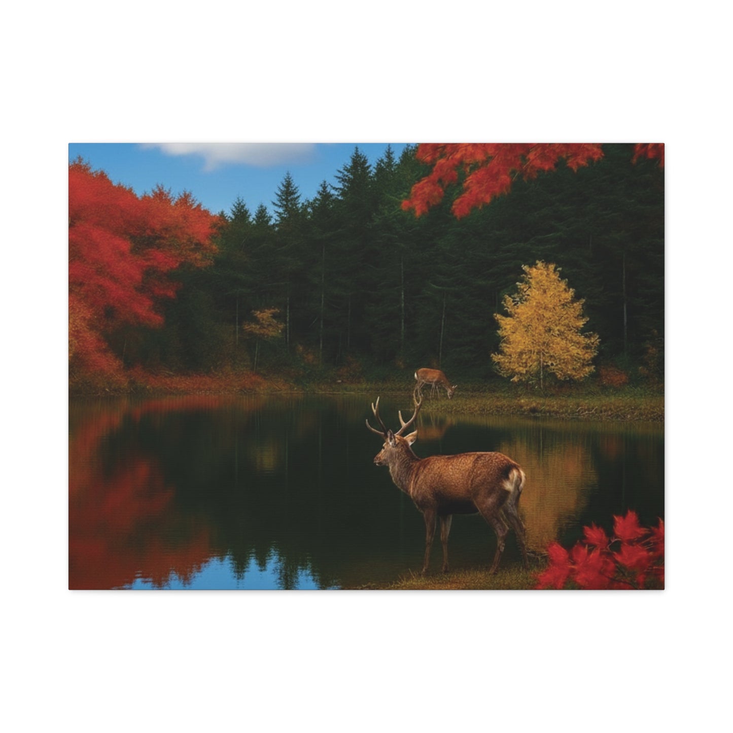 Autumn foliage and Deer by the lake Canvas wall art print