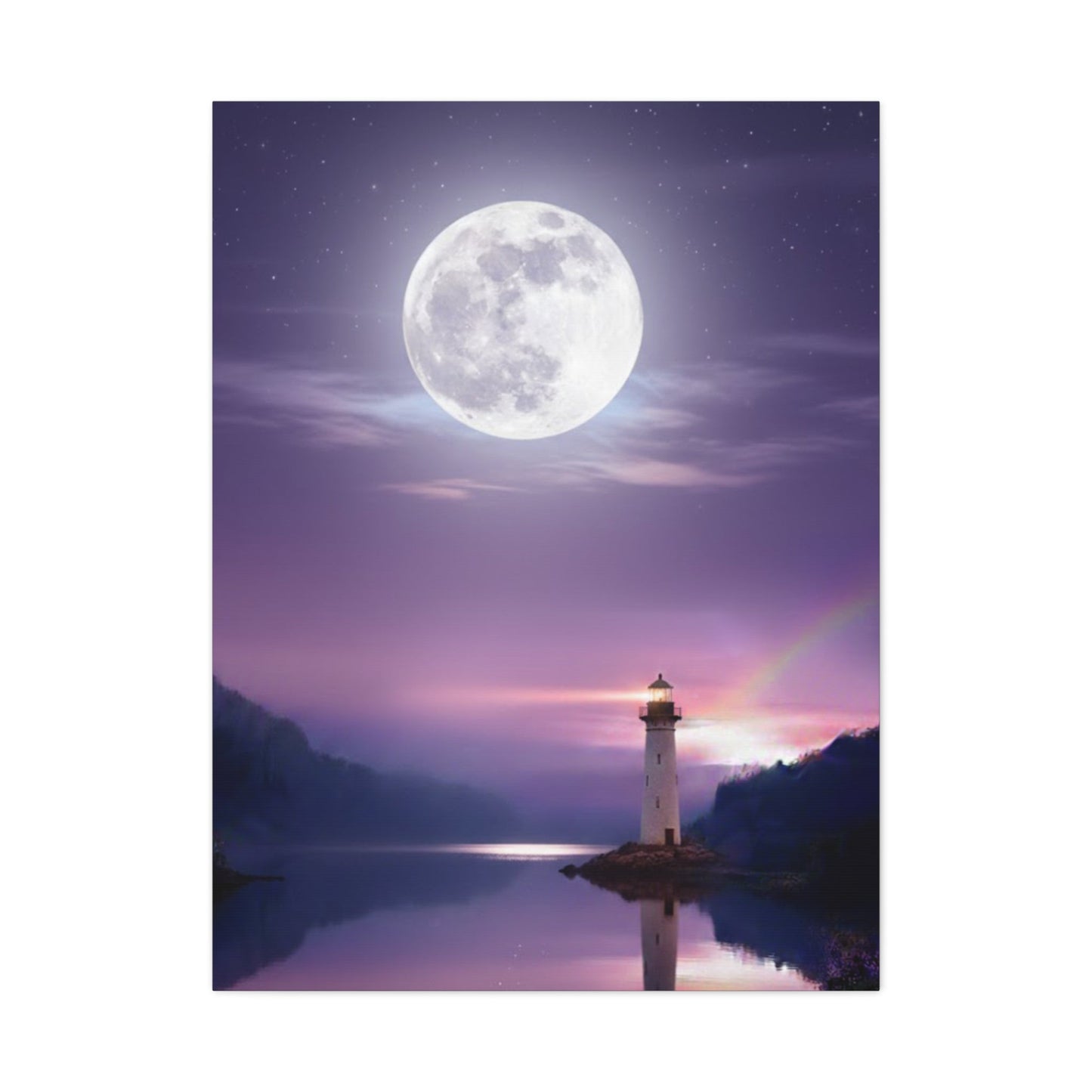 Canvas wall art depicting a serene full moon over a calm lake with a lighthouse reflection in violet and indigo tones