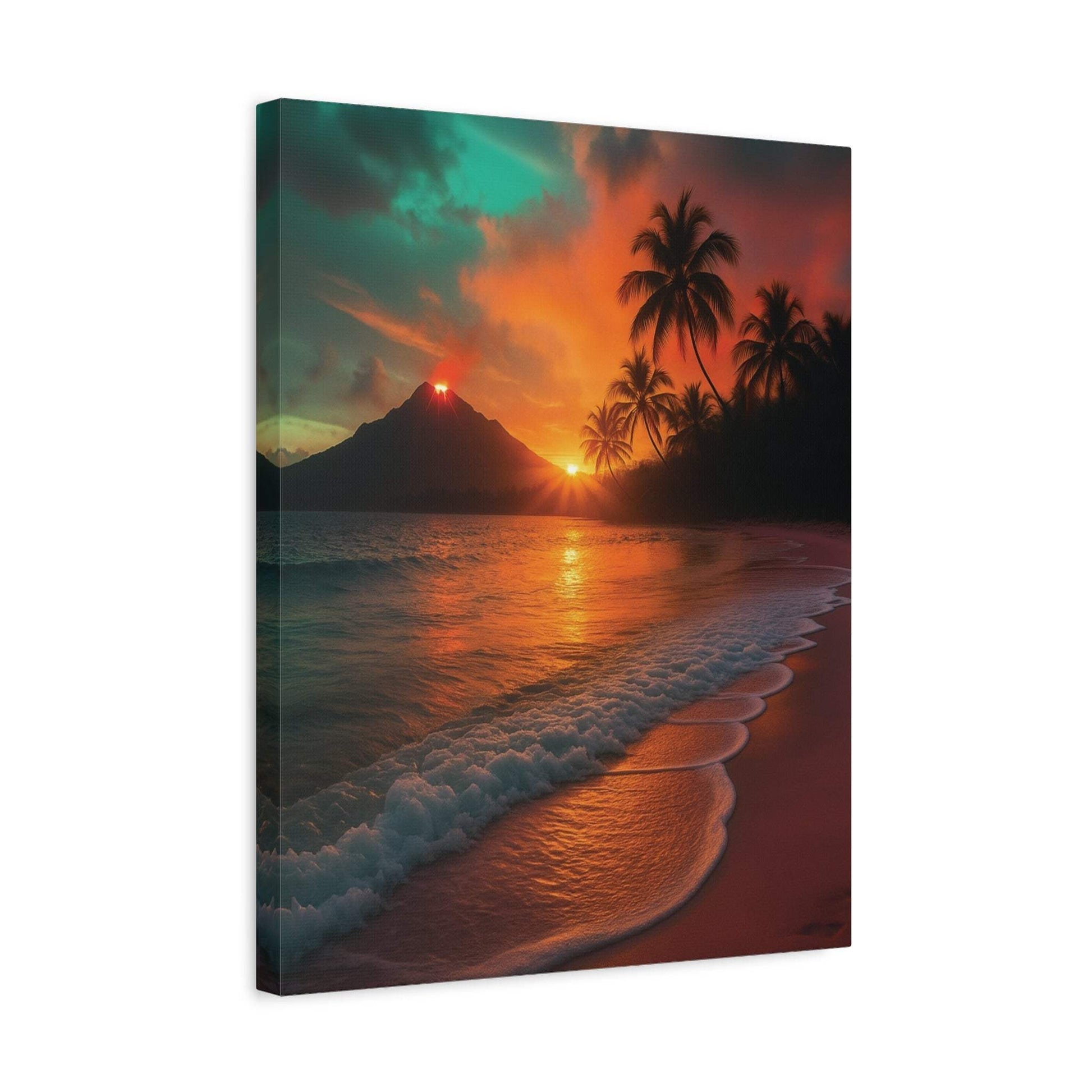 Canvas wall art depicting red lava flowing near a tropical beach sunrise with palm trees and ocean waves