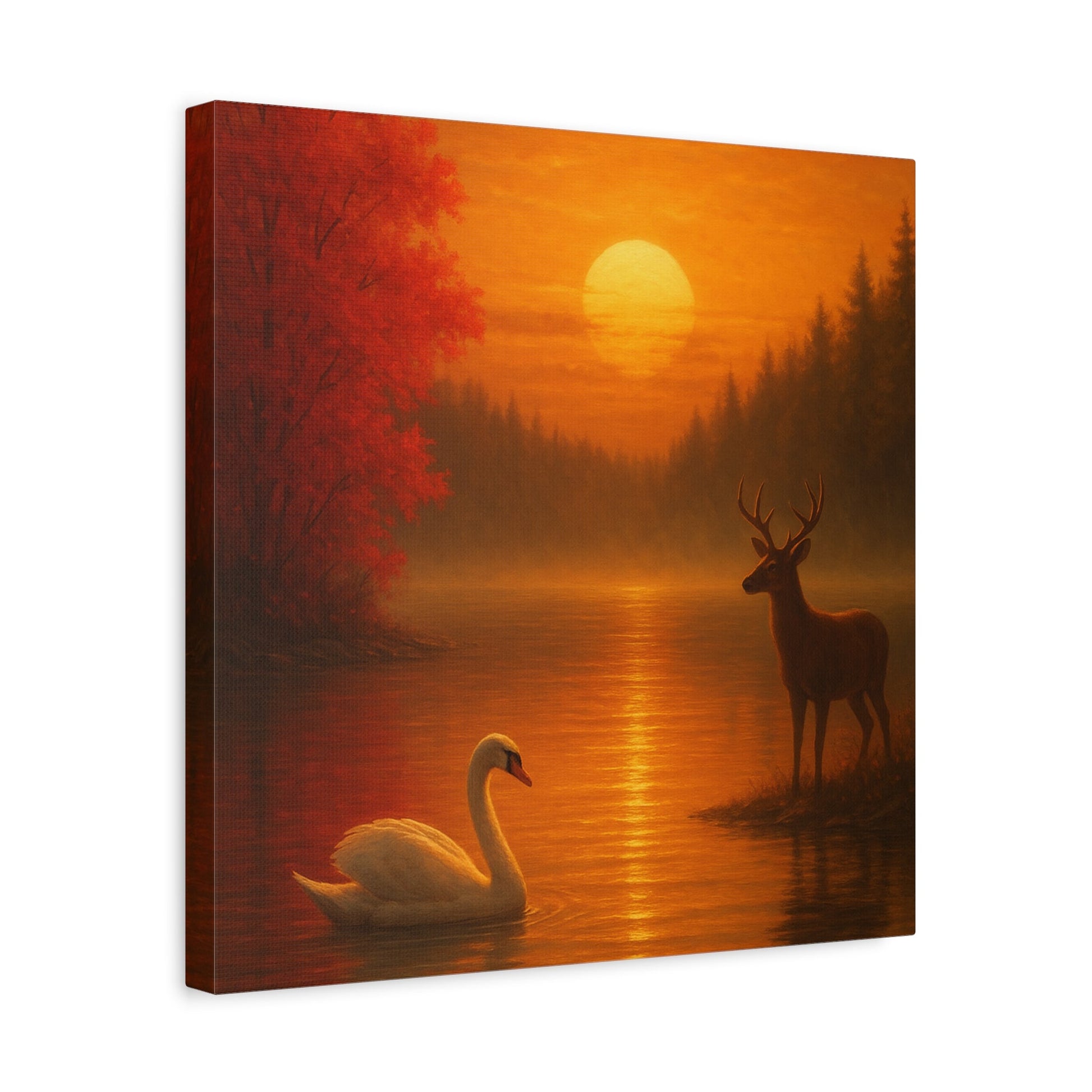 Dusk on the Autumn Lake Sunset canvas featuring a swan gliding on reflective water and a deer by a pine forest at sunset with crimson maple leaves.