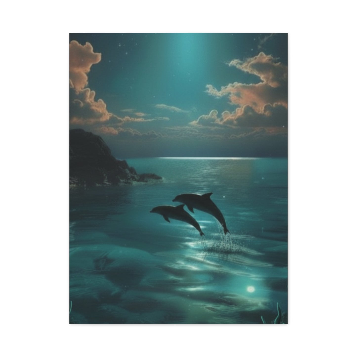Dolphins in Turquoise Moonlit Ocean Canvas Wall Art