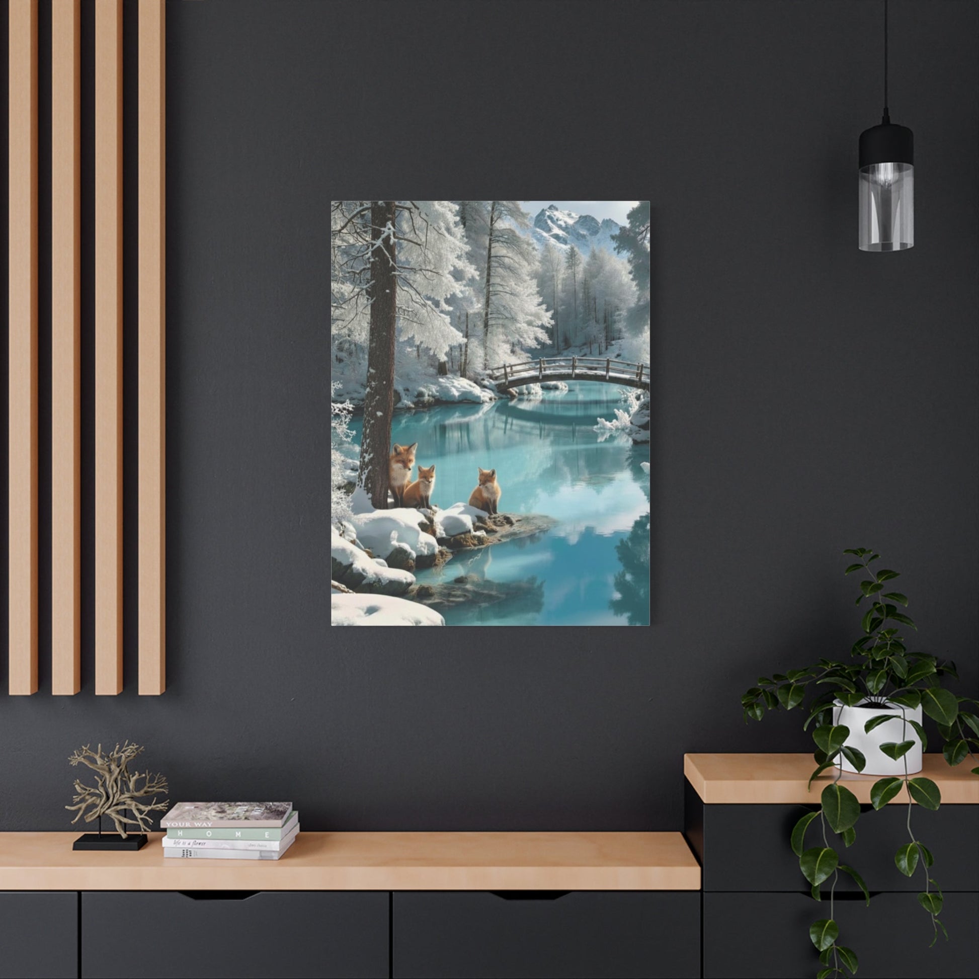 Canvas wall art featuring winter foxes by a snowy lake in a modern living room setting