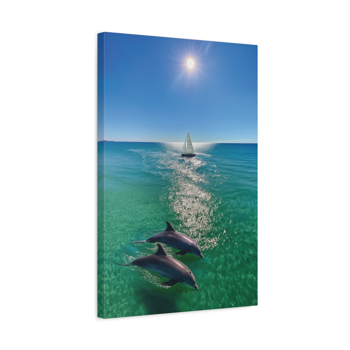 Wall Art Canvas Print of ocean scene with sailboat and dolphins under bright sun