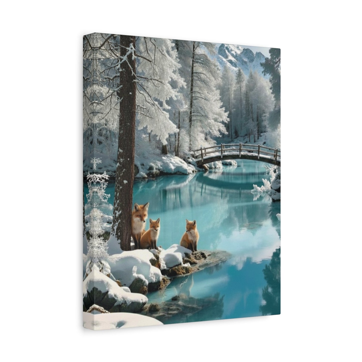 Canvas wall art featuring winter foxes by a snowy river with a wooden bridge and frosted trees in a tranquil landscape