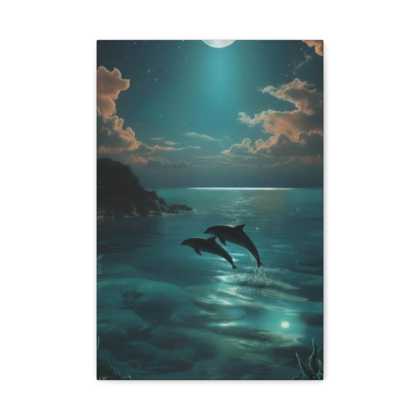 Dolphins in Turquoise Moonlit Ocean Canvas Wall Art