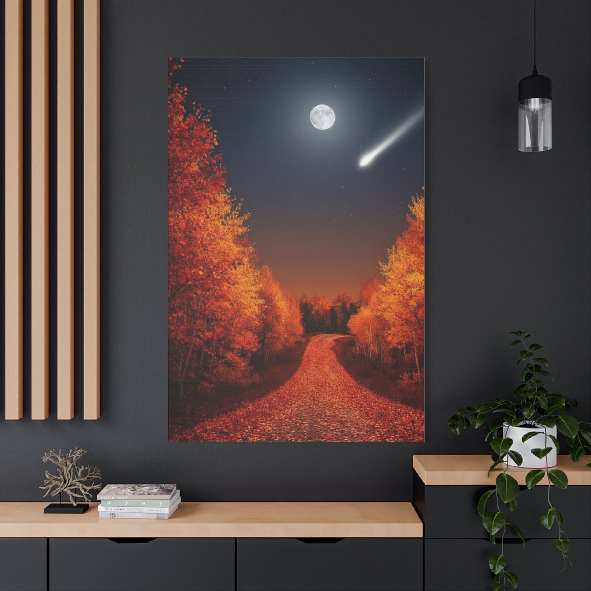 Canvas wall art of autumn forest road under full moon and shooting star with vibrant fall colors