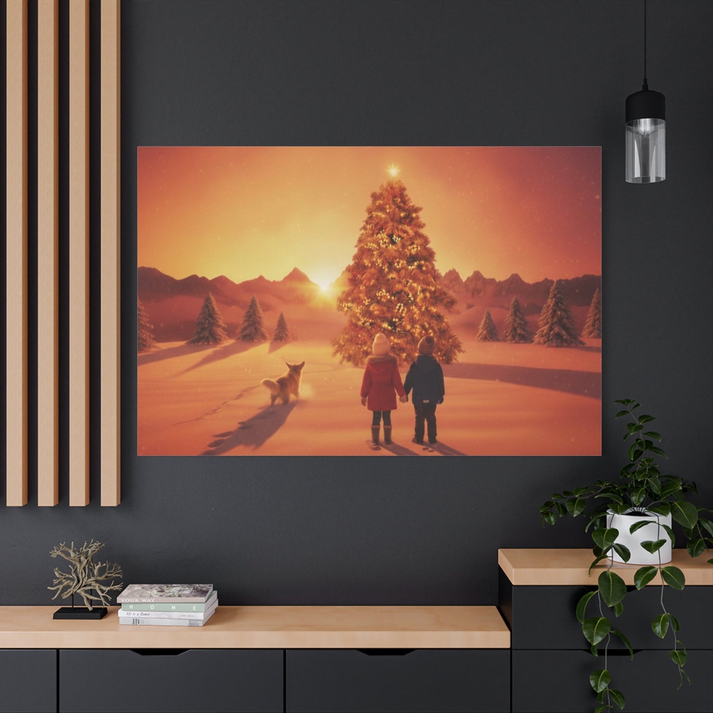 Canvas wall art of children and dog discovering a glowing Christmas tree at sunrise in a snowy field