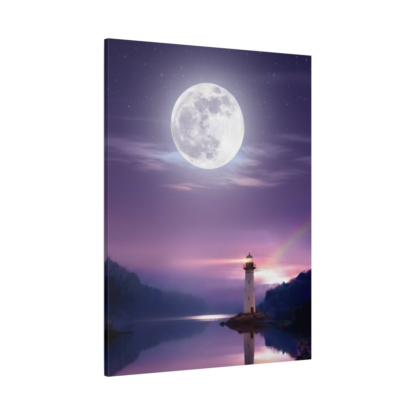 Canvas wall art featuring a tranquil full moon over a reflective lake with a glowing lighthouse in violet and indigo tones