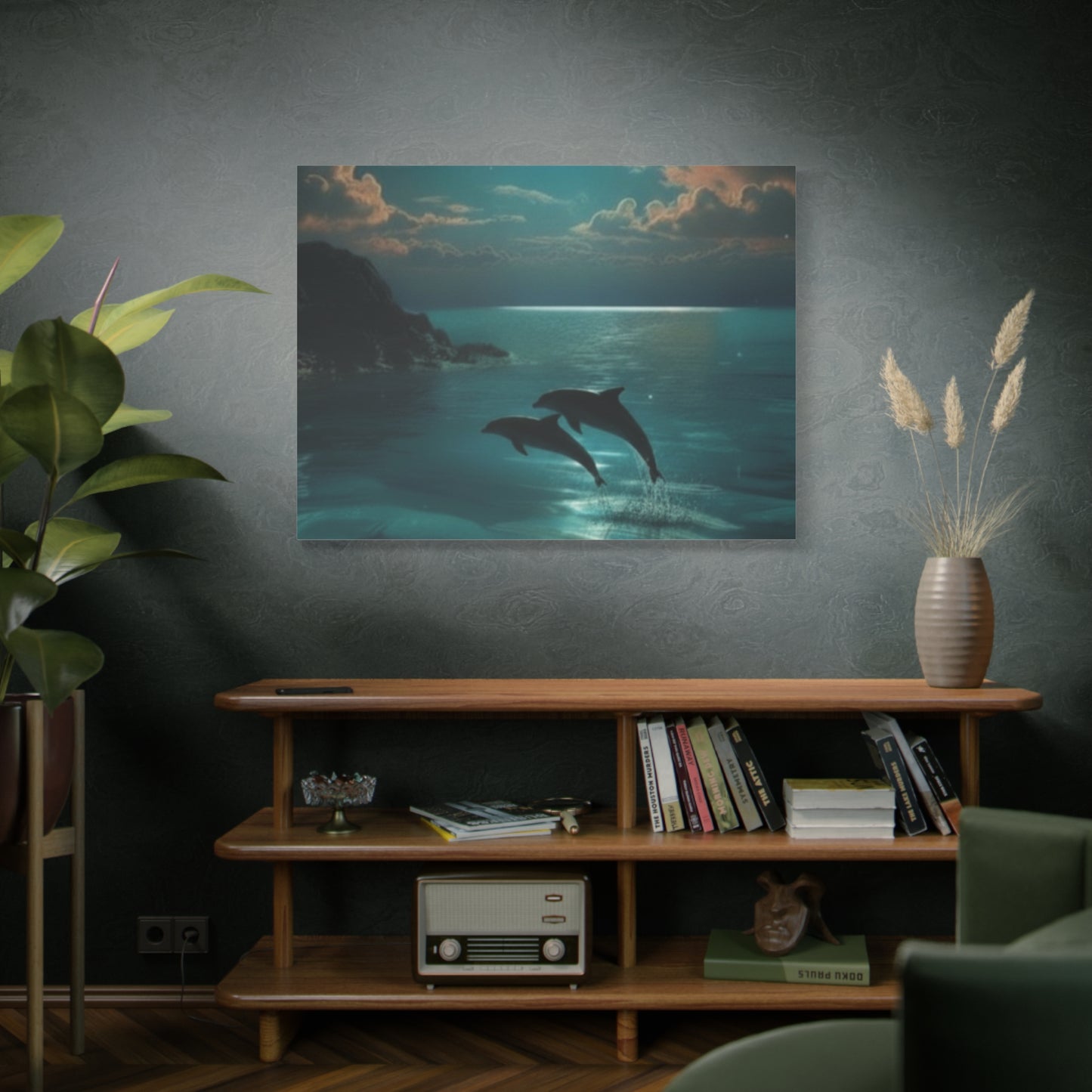 Dolphins in Turquoise Moonlit Ocean Canvas Wall Art