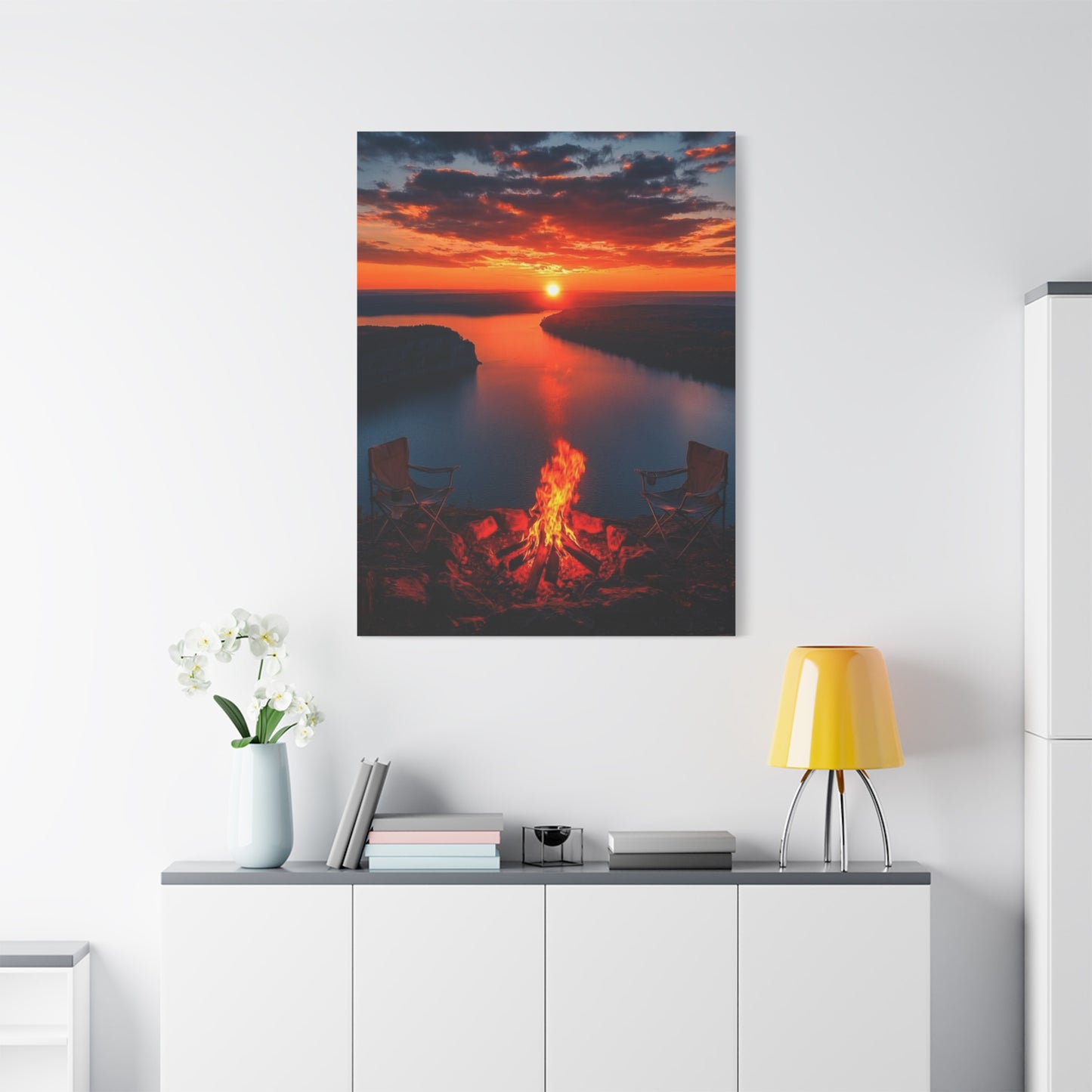 Red Sunset River Canvas — Relaxing by Fire Matte Stretched Wall Art