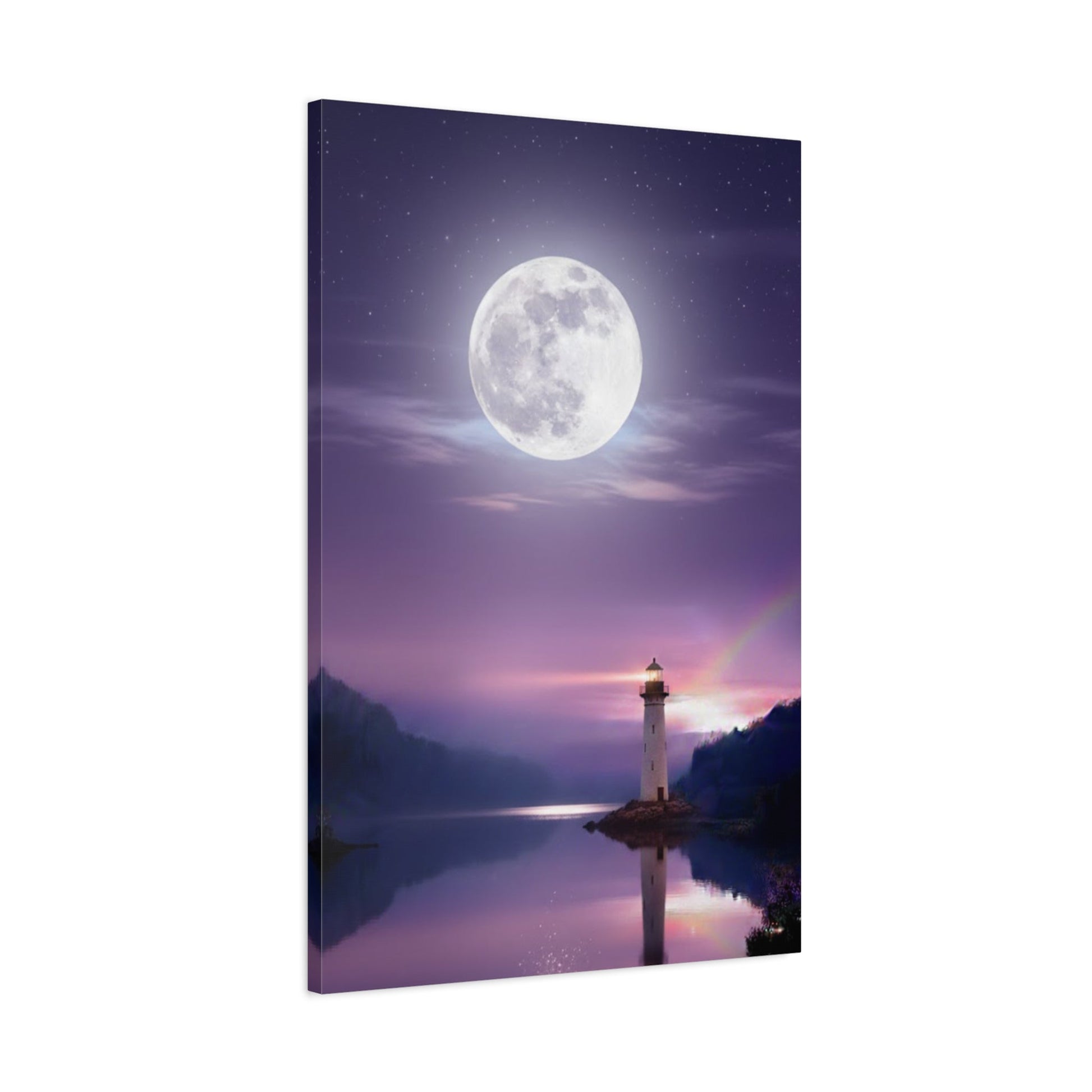 Canvas wall art featuring a full moon over a calm lake with a reflecting lighthouse in serene violet and indigo tones