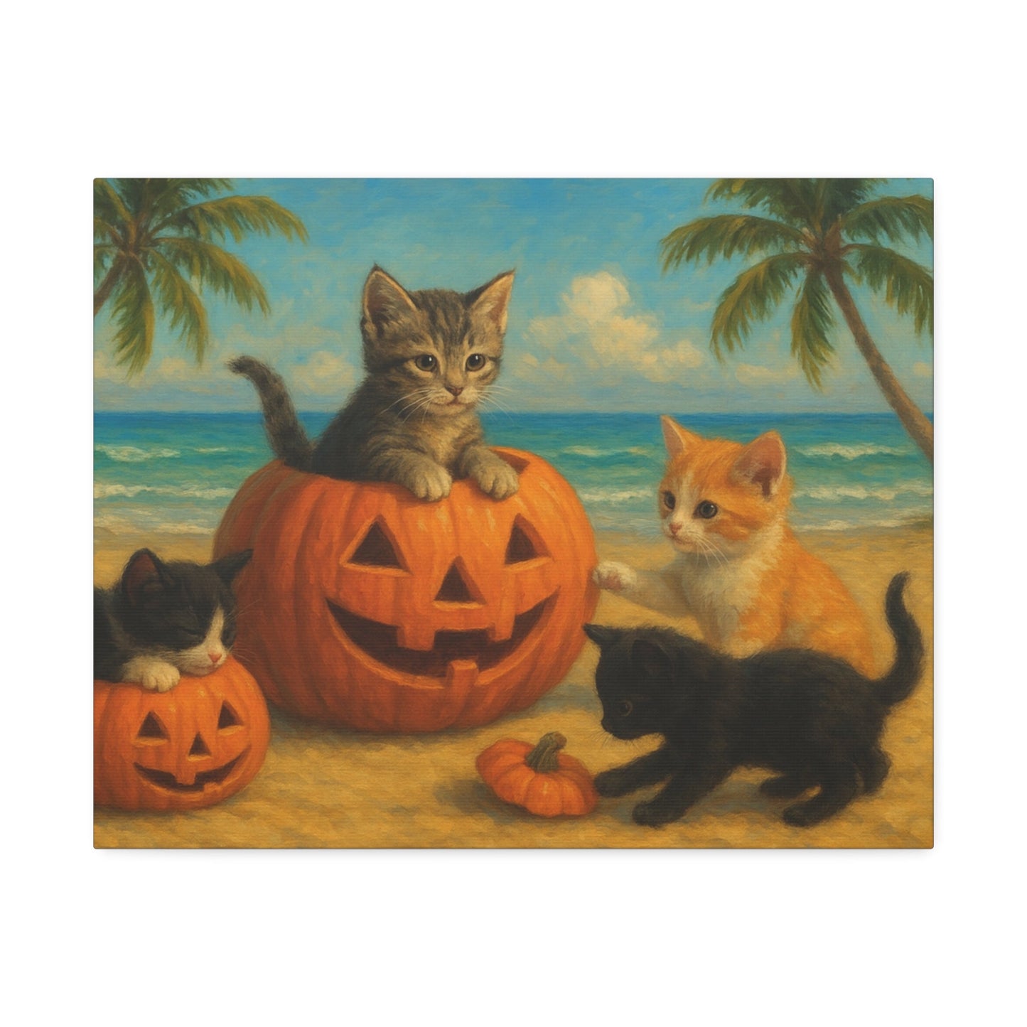 Canvas-Pumpkin Kittens wall art with playful kittens and pumpkins on a beach, perfect fall and Halloween decor for cat lovers