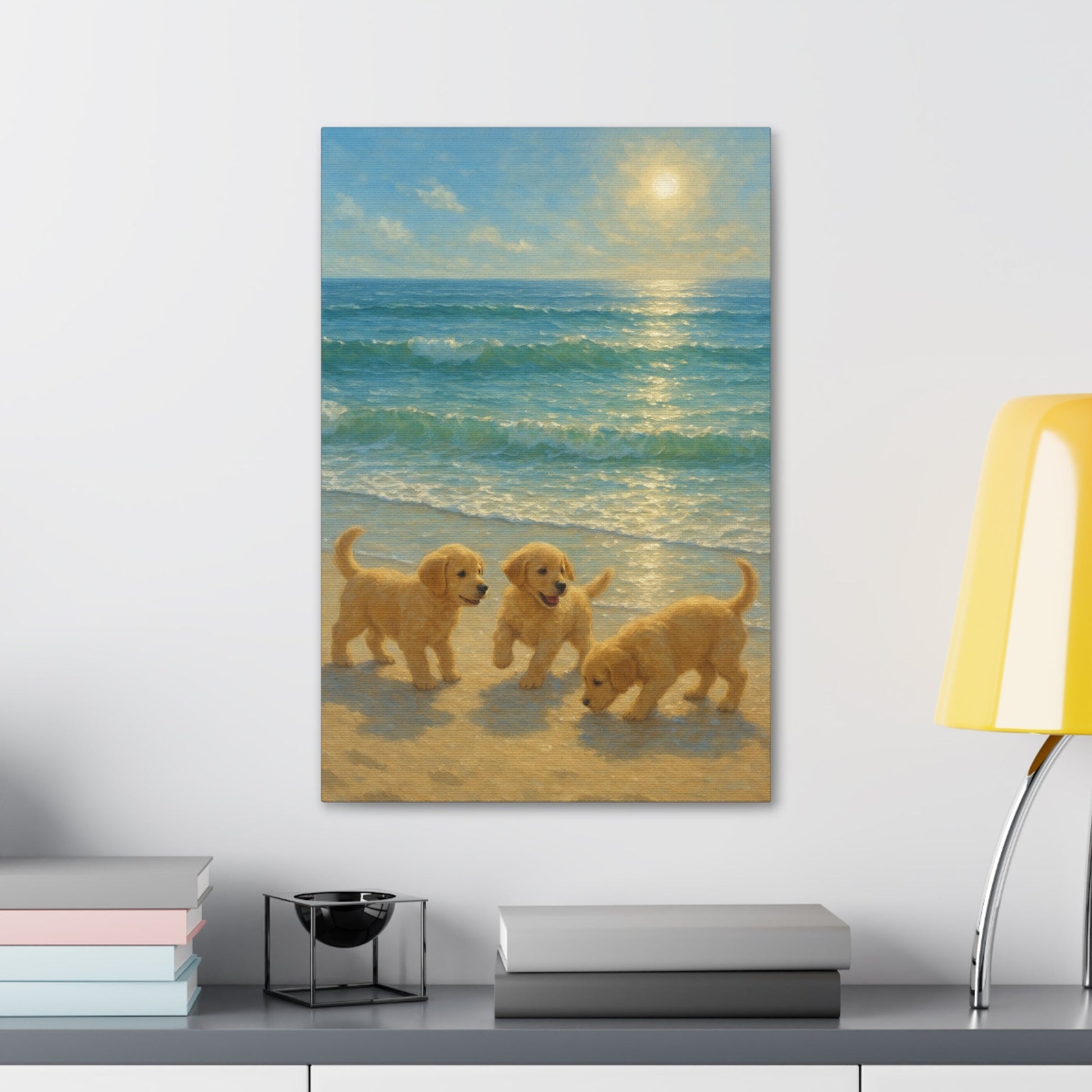 Abstract canvas wall art of three Golden Retriever puppies playing on a sunlit beach with turquoise waves and warm sunlight reflection