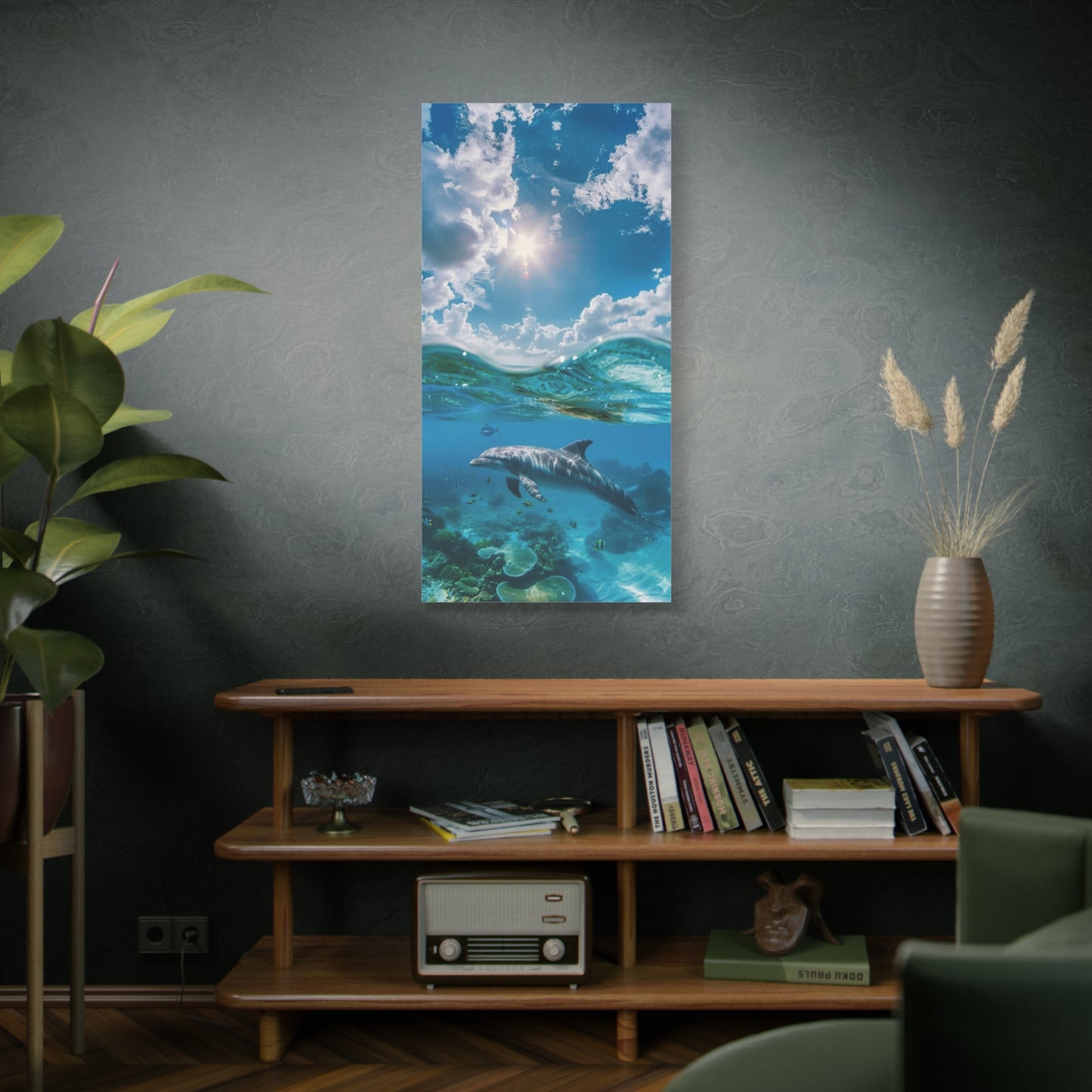 Underwater Dolphin at play Canvas Wall Art - Matte Stretched