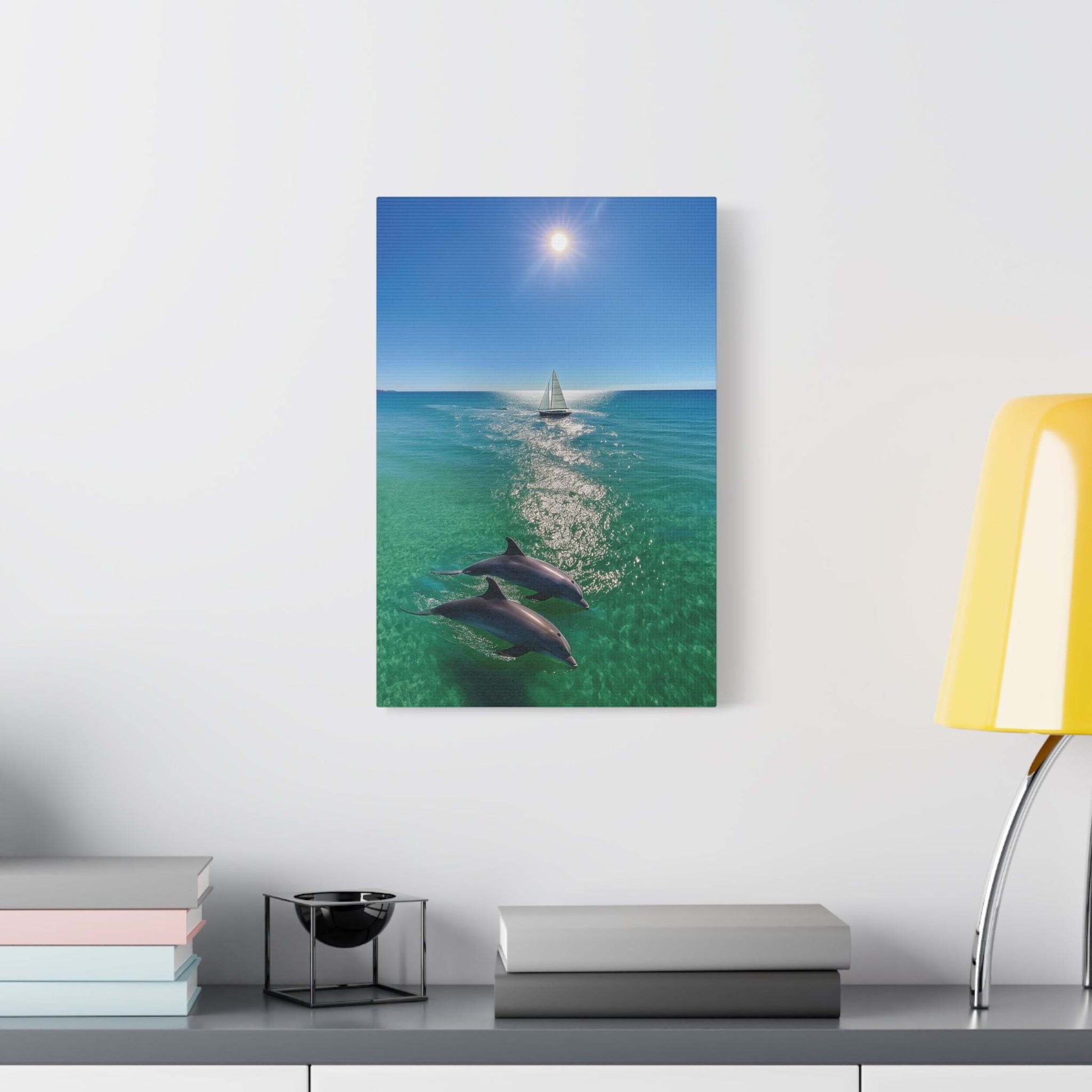 Wall art canvas print featuring sailboat and dolphins in ocean under the sun