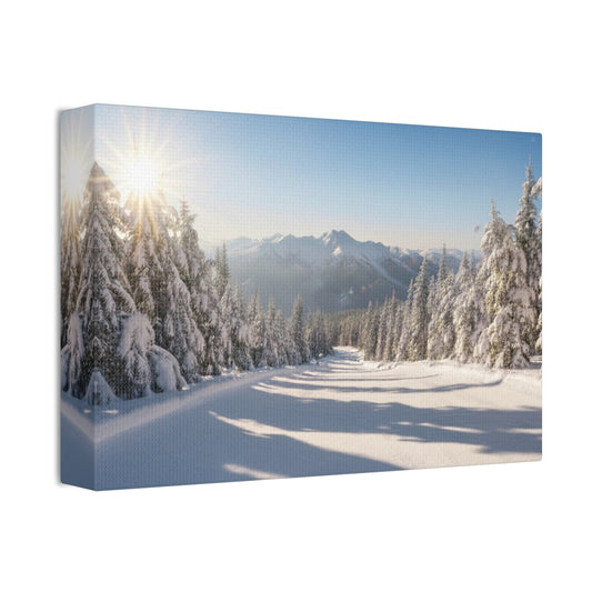 Canvas wall art featuring a serene winter trail with snow-covered pine trees and distant mountains under a clear morning sky
