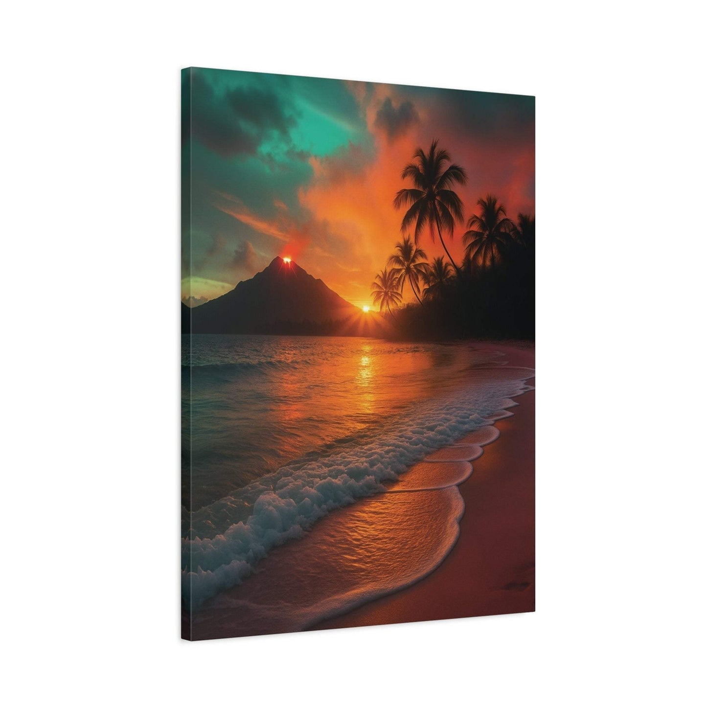 Canvas wall art of red lava erupting near ocean sunrise with palm trees and calm beach scene