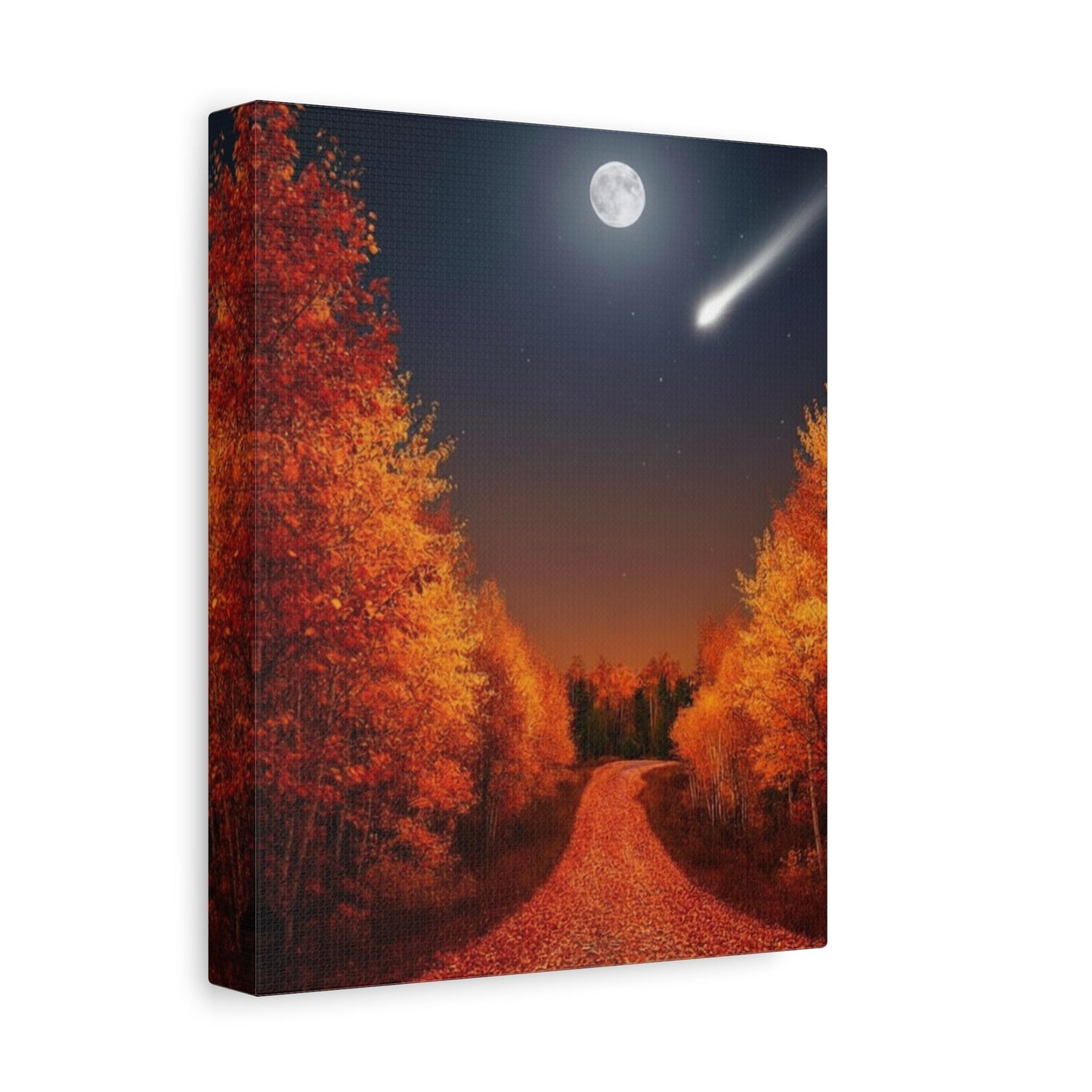Canvas wall art depicting a quiet autumn forest road under a full moon and shooting star