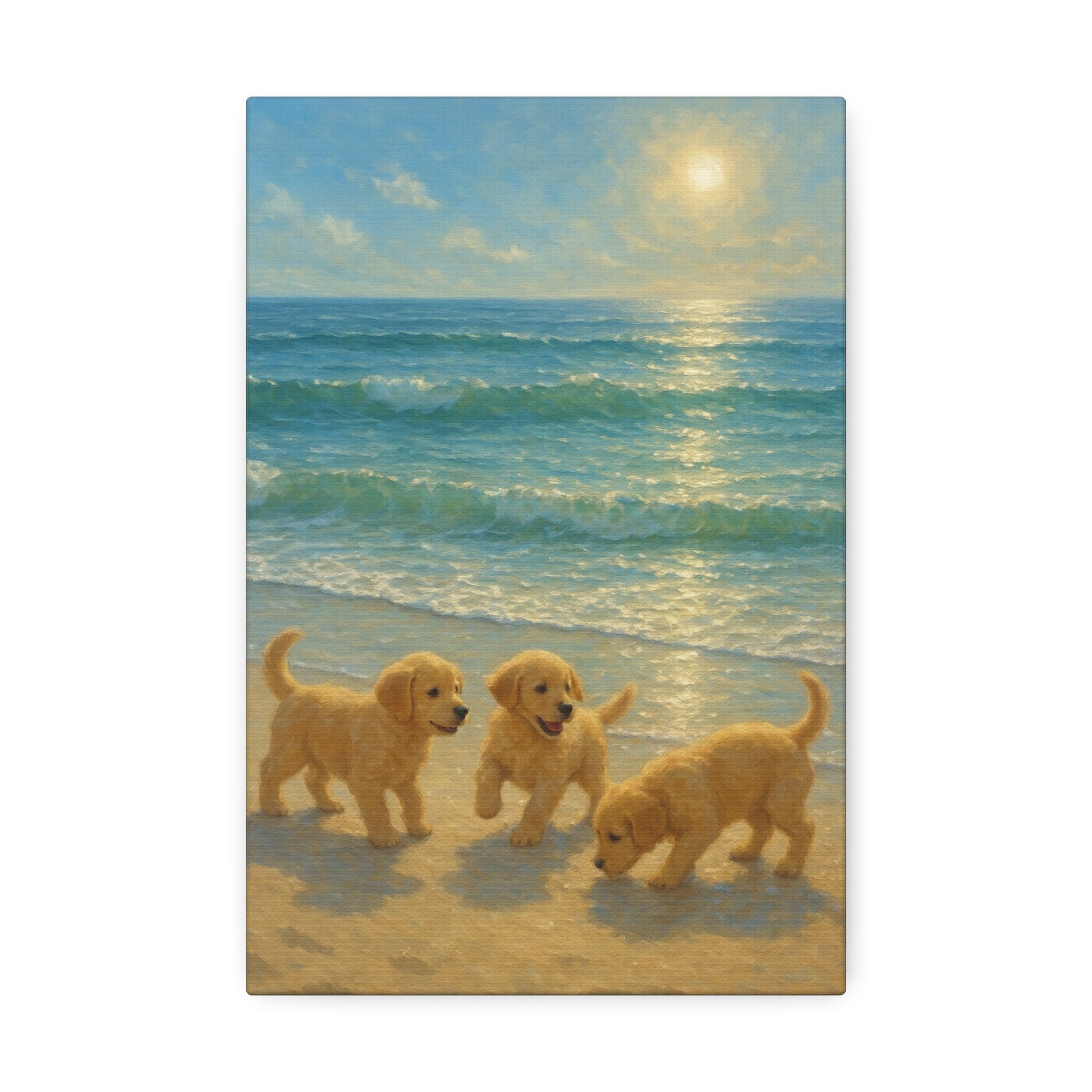 Abstract canvas wall art of three Golden Retriever puppies playing on sunlit beach with turquoise waves and warm sunlight reflection