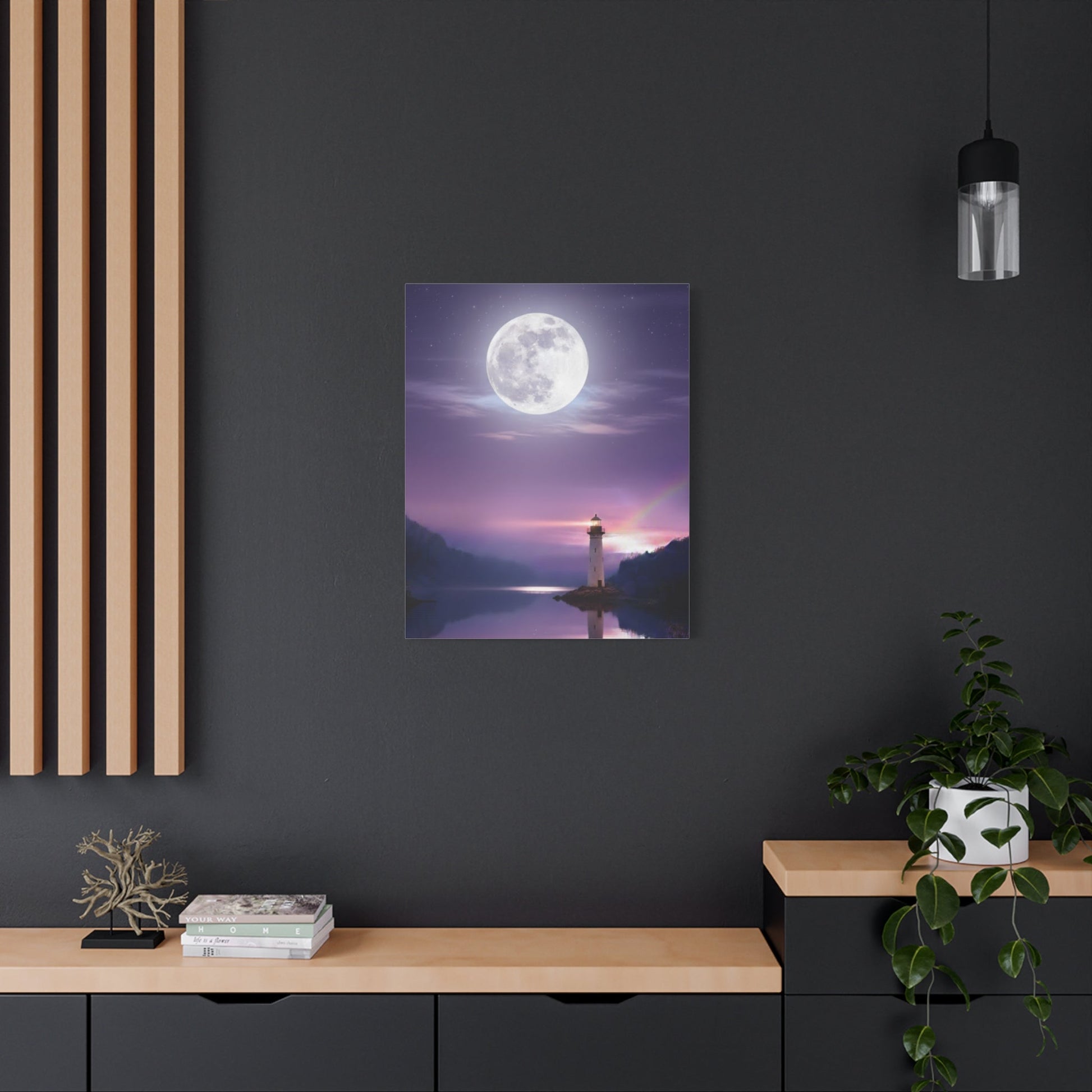 Canvas wall art featuring a serene full moon over a calm lake with a glowing lighthouse in violet and indigo tones