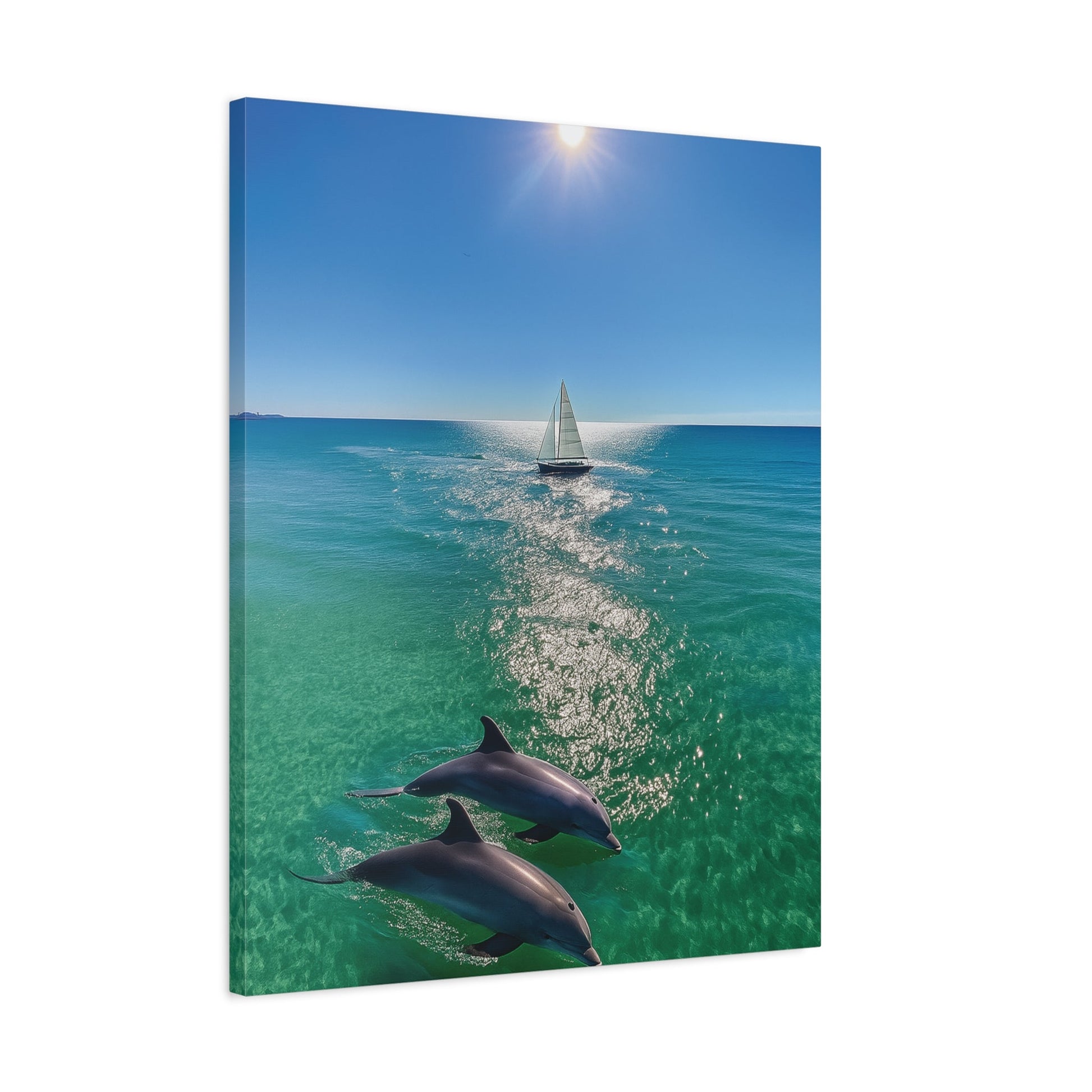 Wall art canvas print of sailboat and dolphins playing on ocean under bright sun